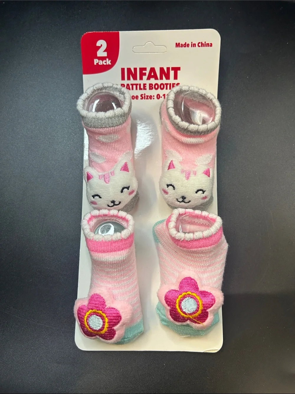 Infant Pink Rattle Booties with Cat & Flower Designs - 2 Pack